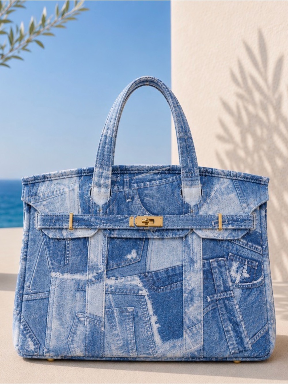 Blue Denim Print Canvas Tote Bag
